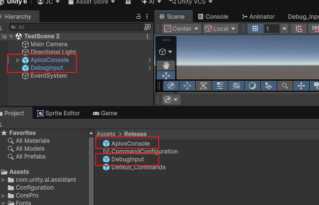 The AplosConsole and DebugInput prefabs dragged from the Release folder into the scene hierarchy.