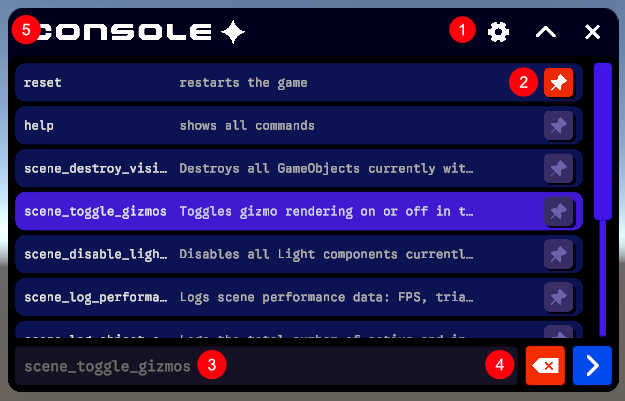 Console view with numbered annotations.