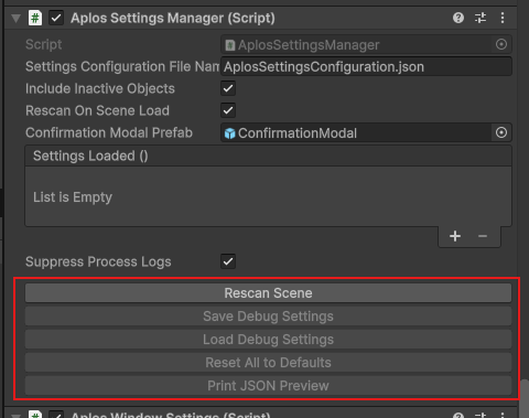 Inspector editor settings buttons.